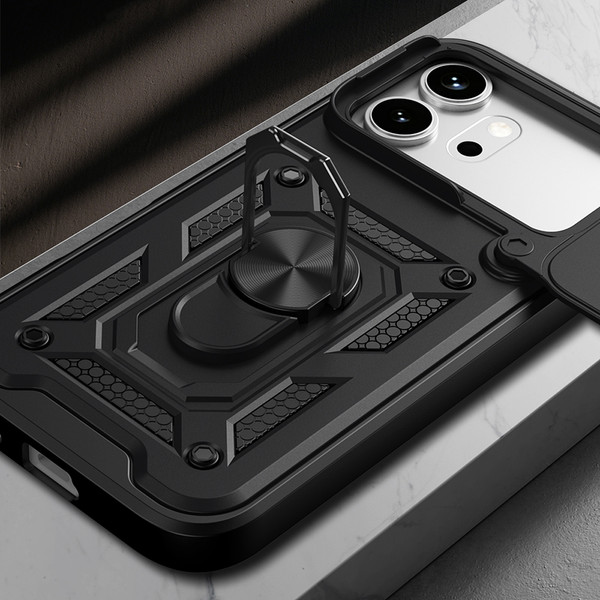 Başkenttekno Honor 600 Pro 5G Kılıf Magnetik Standlı Kamera Korumalı Zore Sürgülü Vega Kapak Siyah