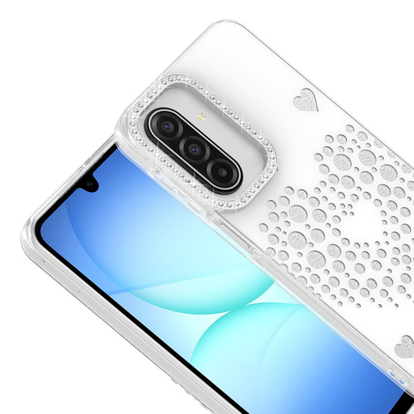Başkenttekno Samsung Galaxy A26 Uyumlu Kalpli Işıltılı Damla Taşlı Şeffaf Kenarlı Rivas Sert PC Telefon Kılıf Beyaz