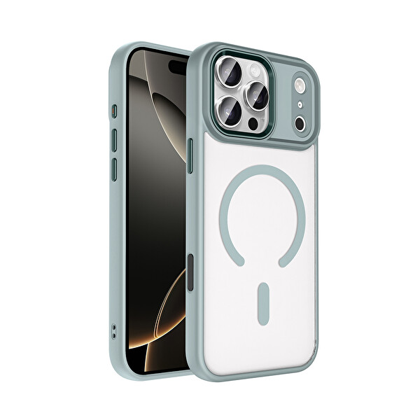 Başkenttekno iPhone 18 Pro MagSafe Uyumlu Darbe Emici Şeffaf Sert Silikon Koruyucu Krom Kılıf Gri
