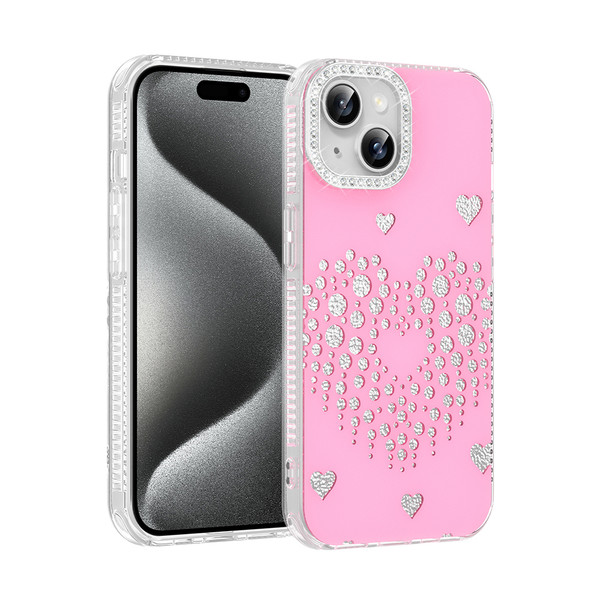 Başkenttekno iPhone 13 Uyumlu Kalpli Işıltılı Damla Taşlı Şeffaf Kenarlı Rivas Sert PC Koruyucu Telefon Kılıf Pembe