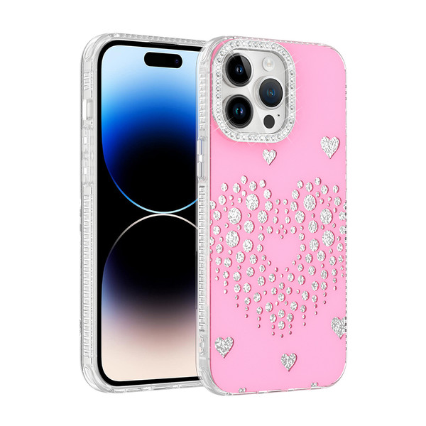 Başkenttekno iPhone 14 Pro Max Uyumlu Kalpli Işıltılı Damla Taşlı Şeffaf Kenarlı Rivas Sert PC Telefon Kılıf Pembe