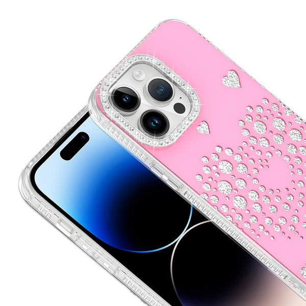 Başkenttekno iPhone 14 Pro Max Uyumlu Kalpli Işıltılı Damla Taşlı Şeffaf Kenarlı Rivas Sert PC Telefon Kılıf Pembe