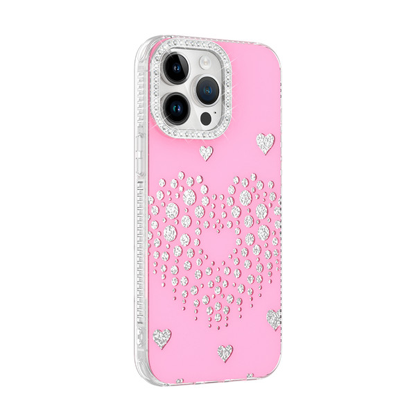 Başkenttekno iPhone 14 Pro Max Uyumlu Kalpli Işıltılı Damla Taşlı Şeffaf Kenarlı Rivas Sert PC Telefon Kılıf Pembe