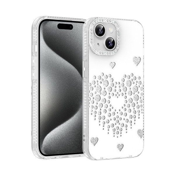 Başkenttekno iPhone 14 Uyumlu Kalpli Işıltılı Damla Taşlı Şeffaf Kenarlı Rivas Sert PC Koruyucu Telefon Kılıf Beyaz