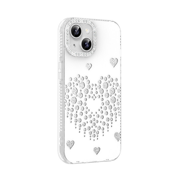 Başkenttekno iPhone 14 Uyumlu Kalpli Işıltılı Damla Taşlı Şeffaf Kenarlı Rivas Sert PC Koruyucu Telefon Kılıf Beyaz