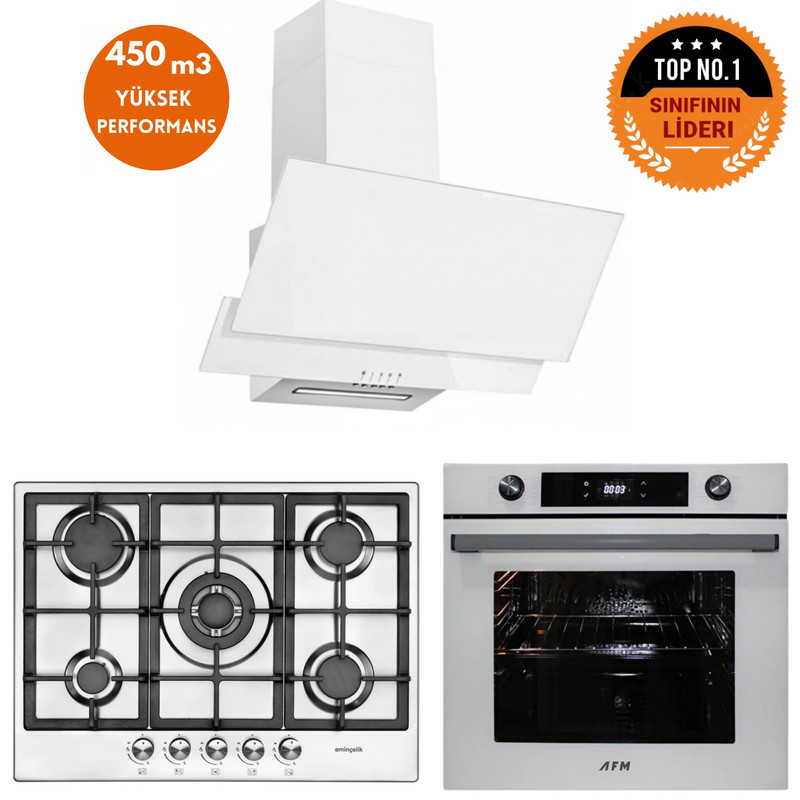 Eminçelik Ve AFM Tech Markalı Vera 5 Gözlü 1'Wok Inox-Beyaz Ankastre Set (22 380 - FM7701 - FM3301)