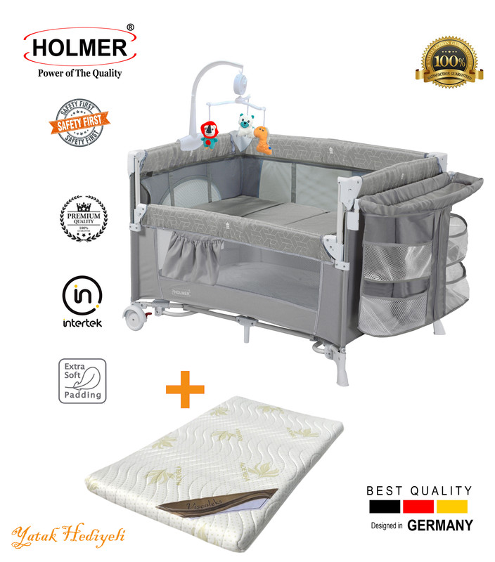 Holmer Maxi Comfort Coolstyle Anne Yanı-Deluxe Kumaş Premium Oyun Parkı Gri - Aloevera Yatak 70x110 CM