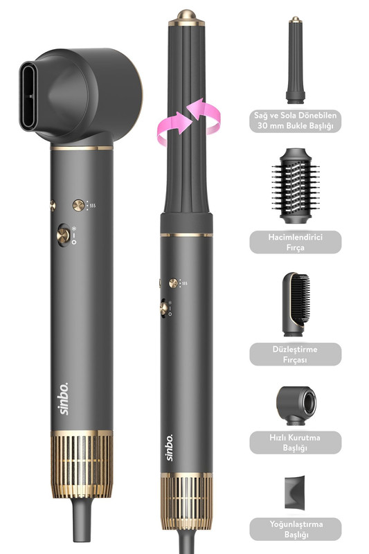 Sinbo Pro Compact Uzun Multi-Styler Hava Üfleme 5'i 1 Arada BLDC Saç Şekillendirici 1719 - Grafiti Gri