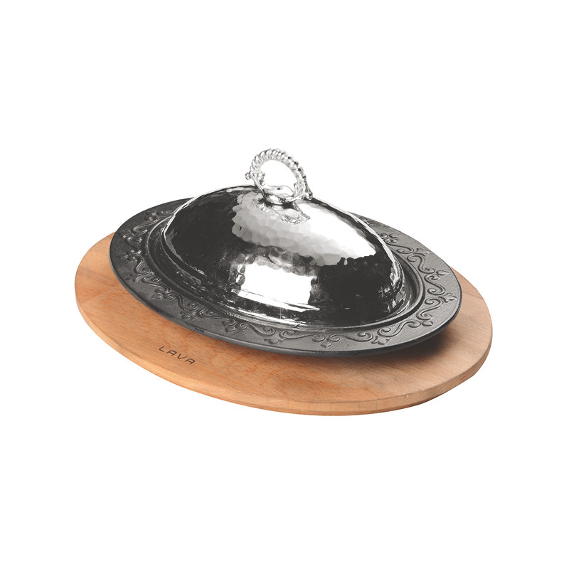 Lava Döküm 28x20 CM Oval Döner Kebap Tabağı Bakır Dövme Formlu Kapak ve Kayın Servis Ahşabı LV ECO O DNR 2820 K4 K8